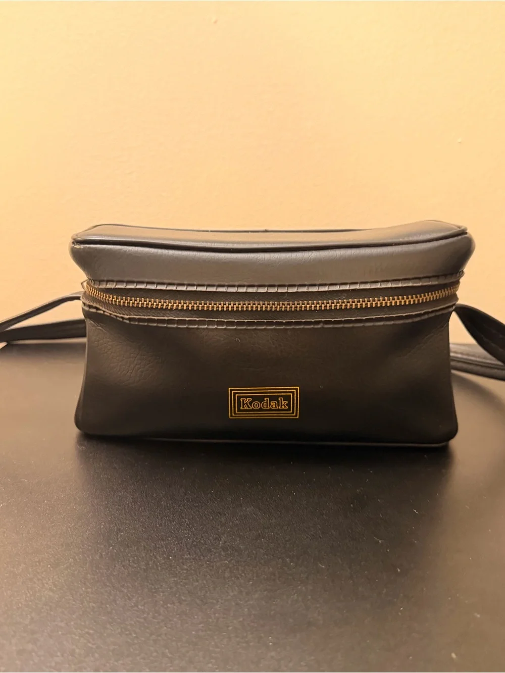 Vintage Kodak Black Leather Belt Bag with Gold Hardware